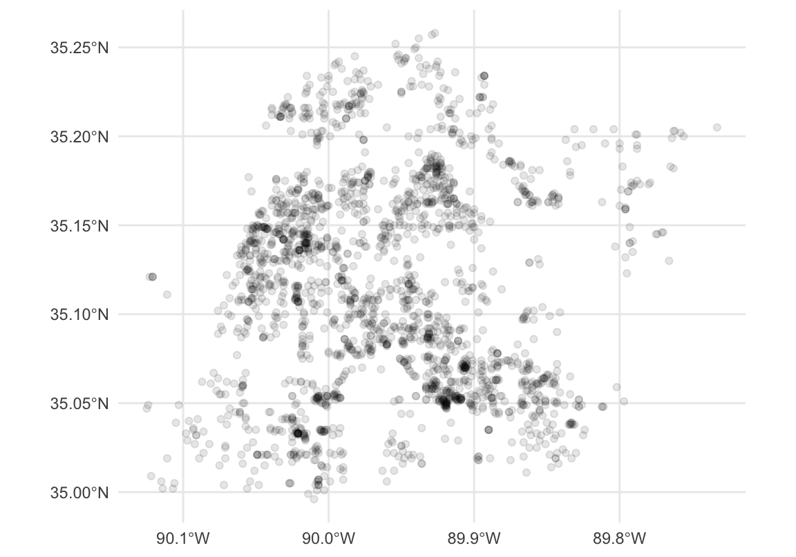 A very basic point map showing the locations of individual robberies in Memphis, TN. Each robbery is represented as a small, semi-transparent dot.