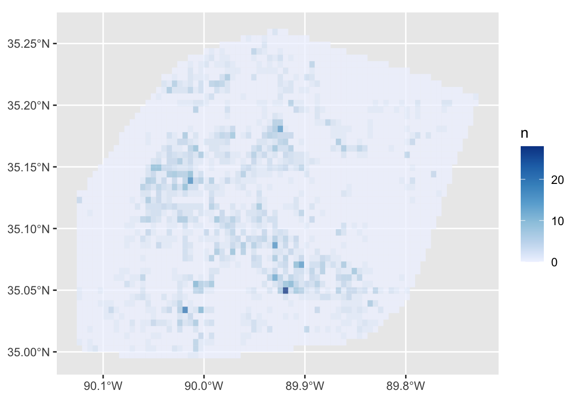 A basic map showing the count of robberies in each cell in a grid covering Memphis, TN. Grid cells with more robberies are shown in darker shades of blue, while those with fewer robberies are shown in lighter shades.