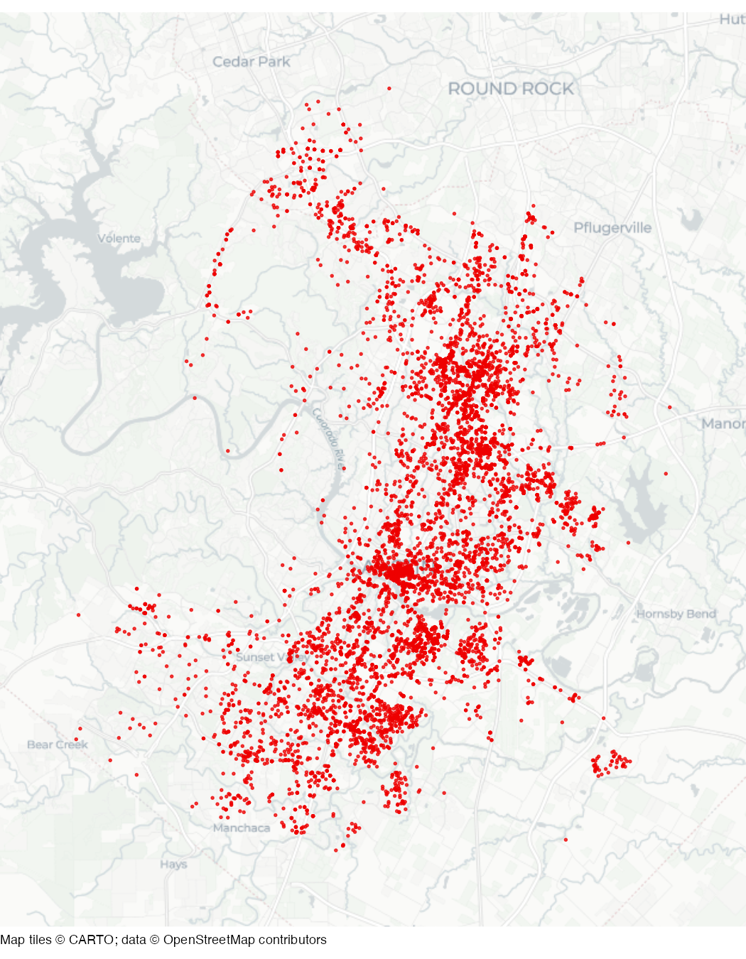 Map of aggravated assaults in Austin in 2019