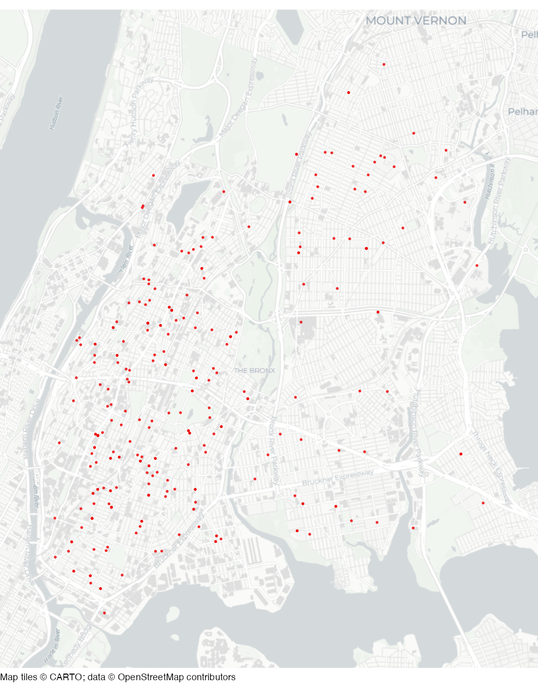 Map of shootings in the Bronx in 2019
