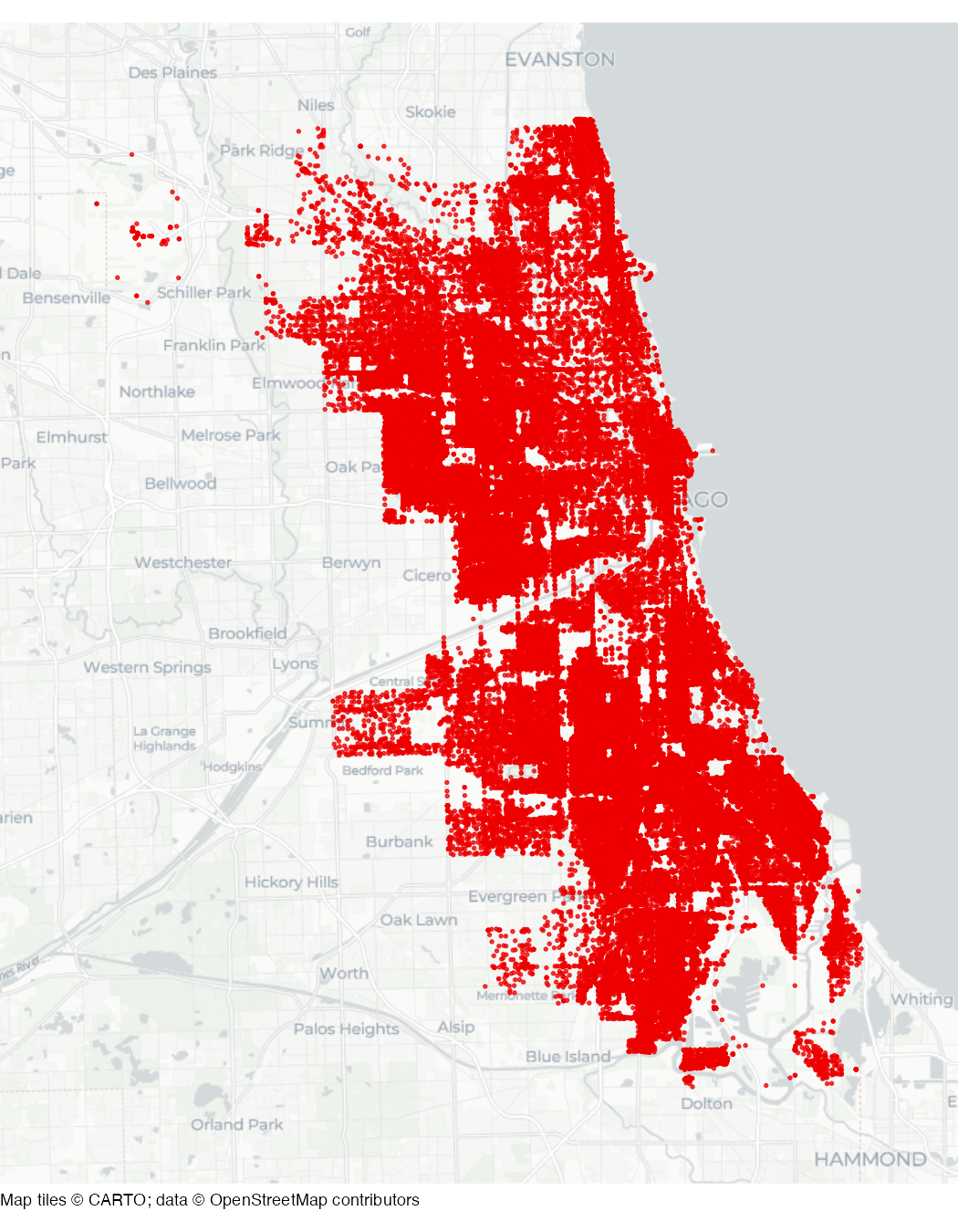 Map of aggravated assaults in Chicago, 2010 to 2019