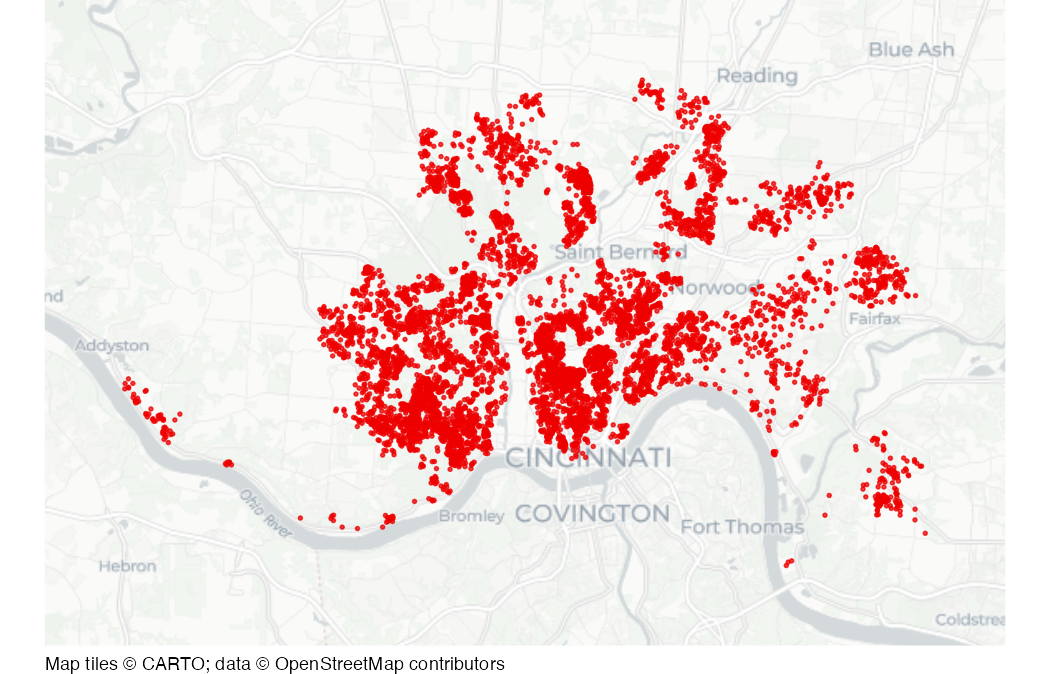 Map of burglaries in Cincinnati, 2016 to 2018