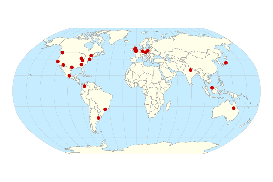 World map showing the locations of the datasets included in the package.