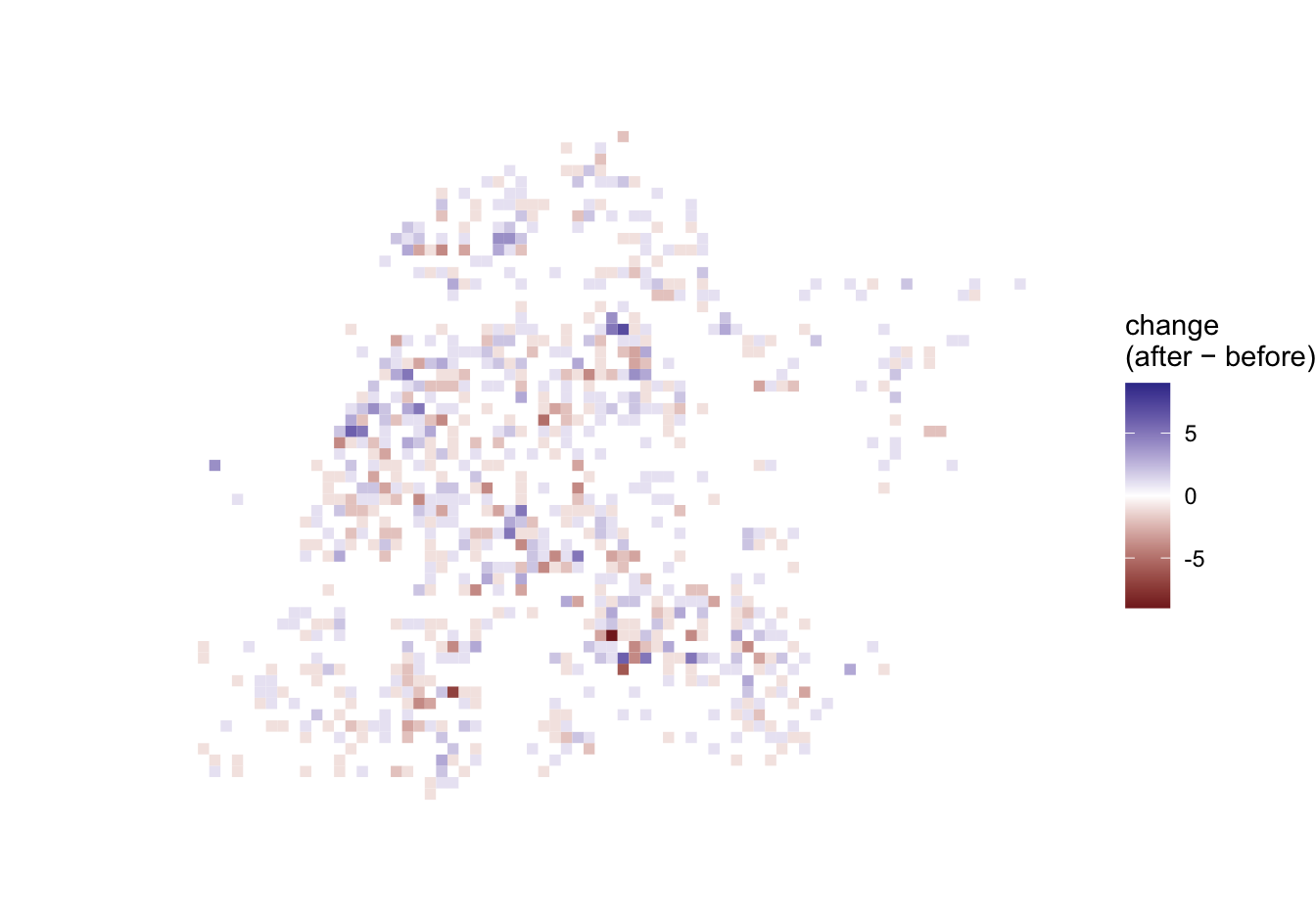 Diverging grid map of changes in robbery counts between the first and second halves of 2019. Decreases and increases use opposite colours.