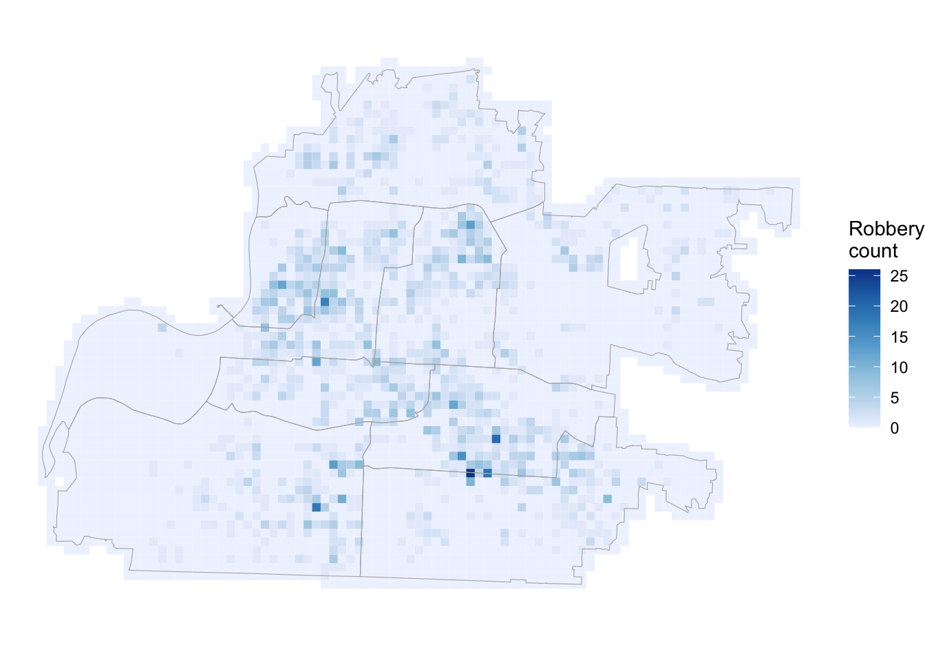 Map of Memphis robbery counts drawn with outlines of police precincts. Areas of greater robbery counts are darker blue.