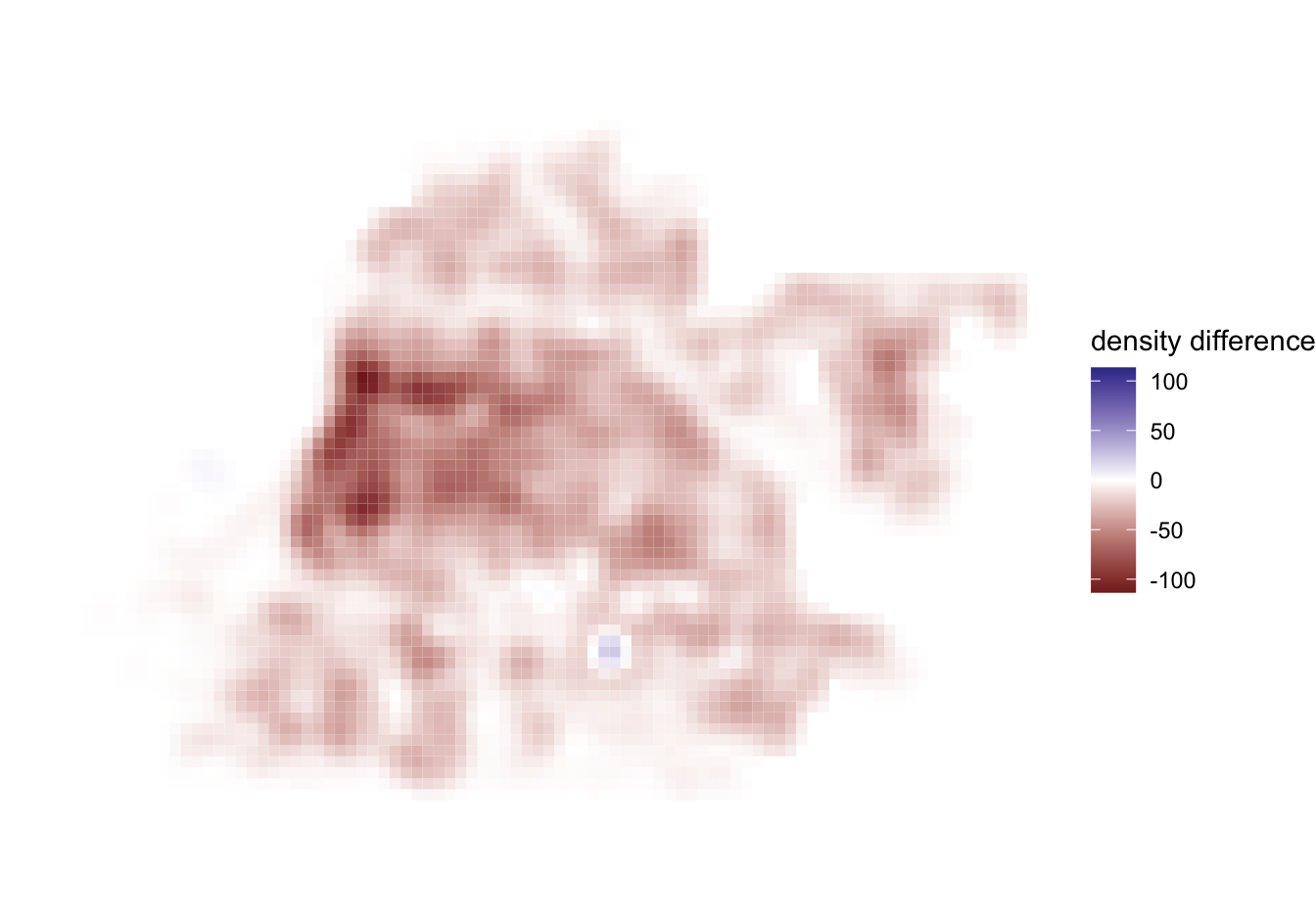 Diverging map of robbery density minus population density in Memphis. Negative and positive density differences appear on opposite sides of the colour scale.