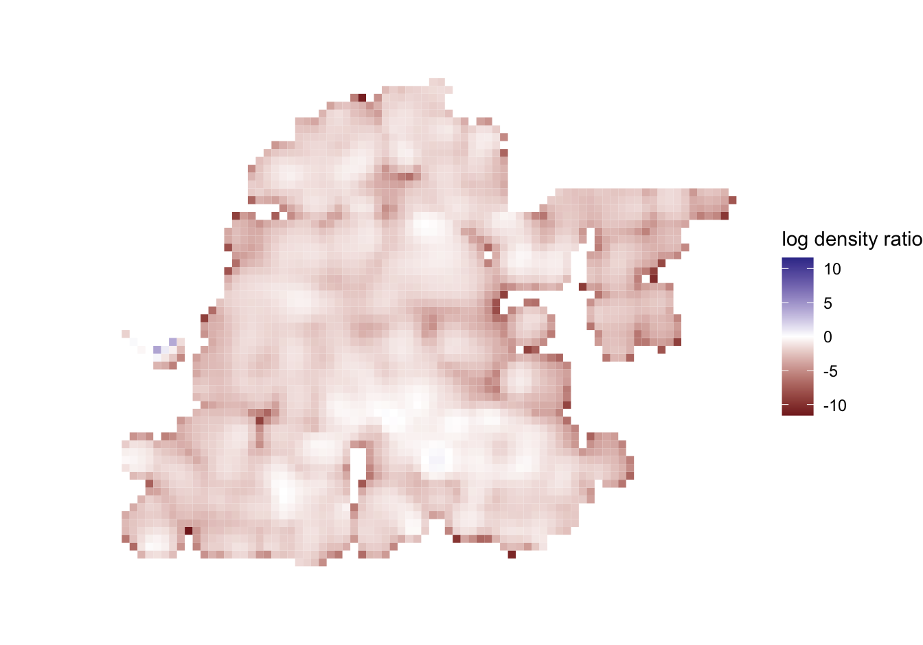 Sequential map of the logged ratio of robbery density to population density in Memphis. Lighter and darker areas have lower and higher logged density ratios.