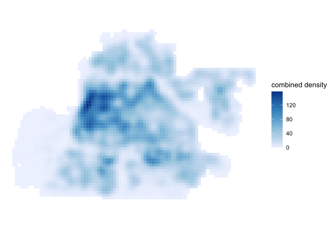 Sequential map of the combined robbery and population density in Memphis. Darker blue cells have a higher combined density.