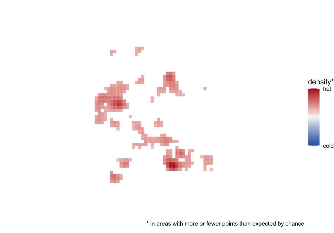 Density map showing only areas with significantly more or fewer robberies than expected by chance. Other grid cells are transparent.
