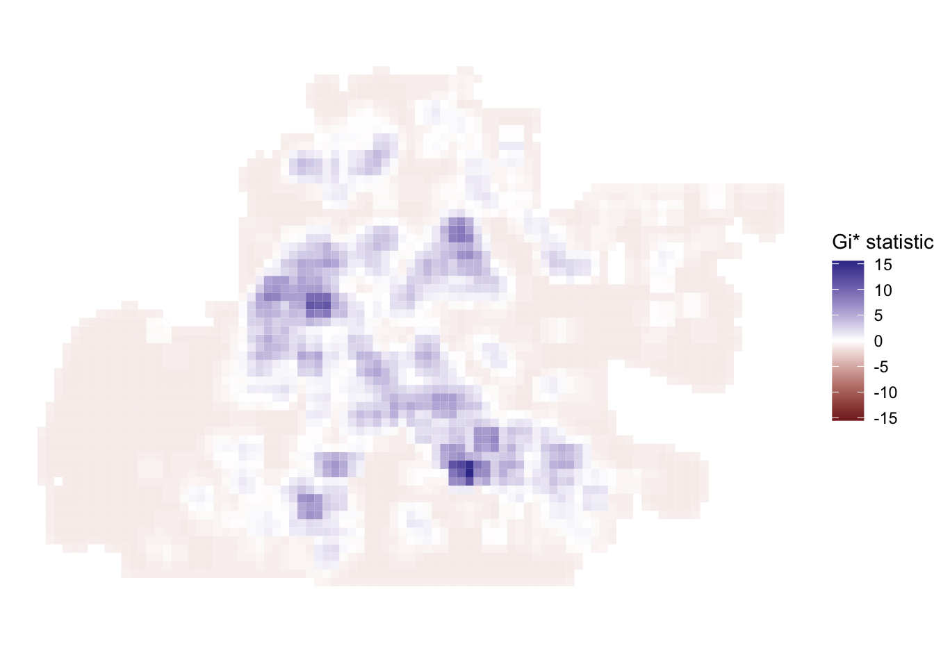 Diverging grid map of Getis-Ord Gi-star statistics for Memphis robberies, centred on zero. Positive and negative values use opposite colours.