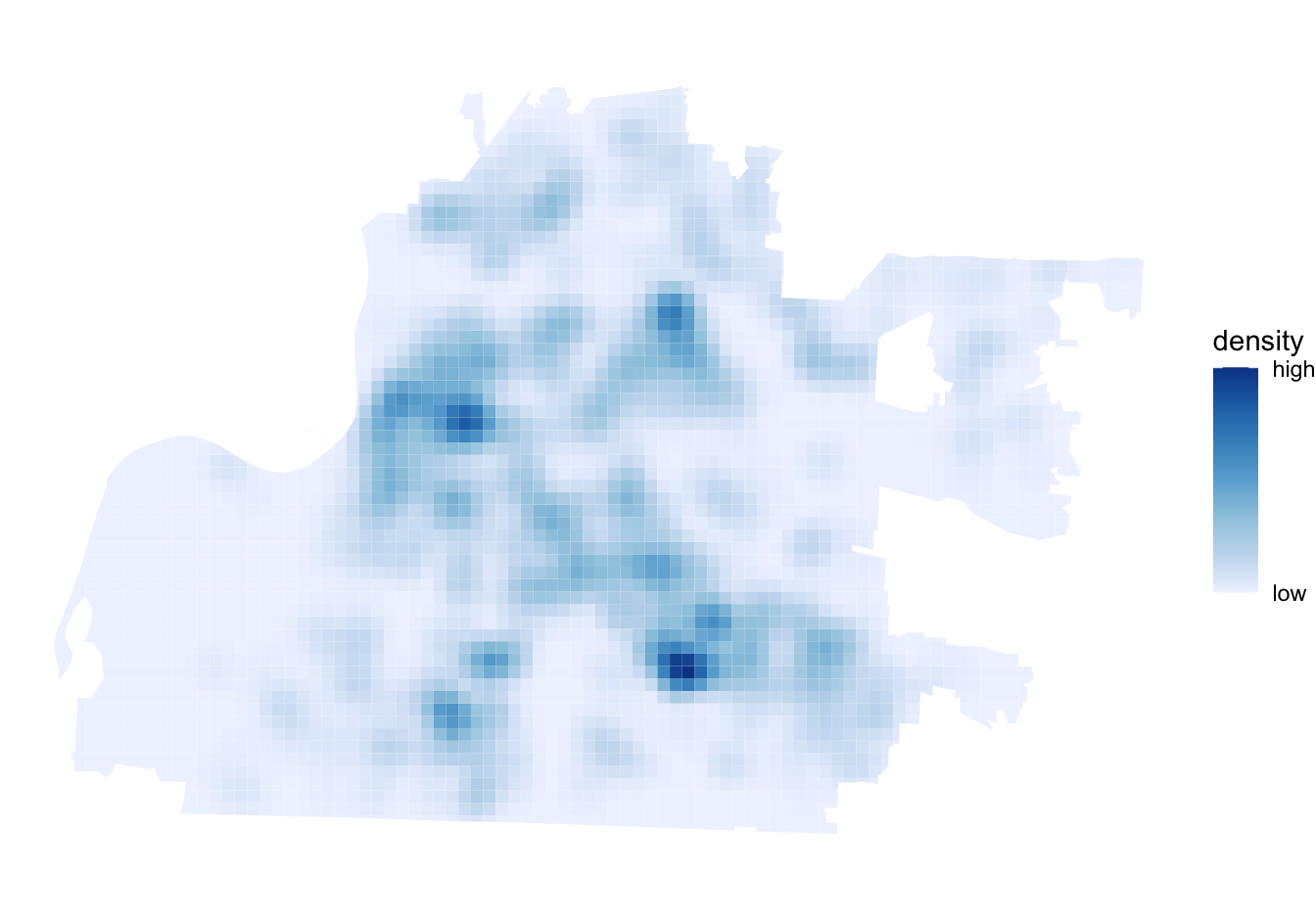 Map of the density of robberies in Memphis. Darker blue areas have a higher density of robberies.
