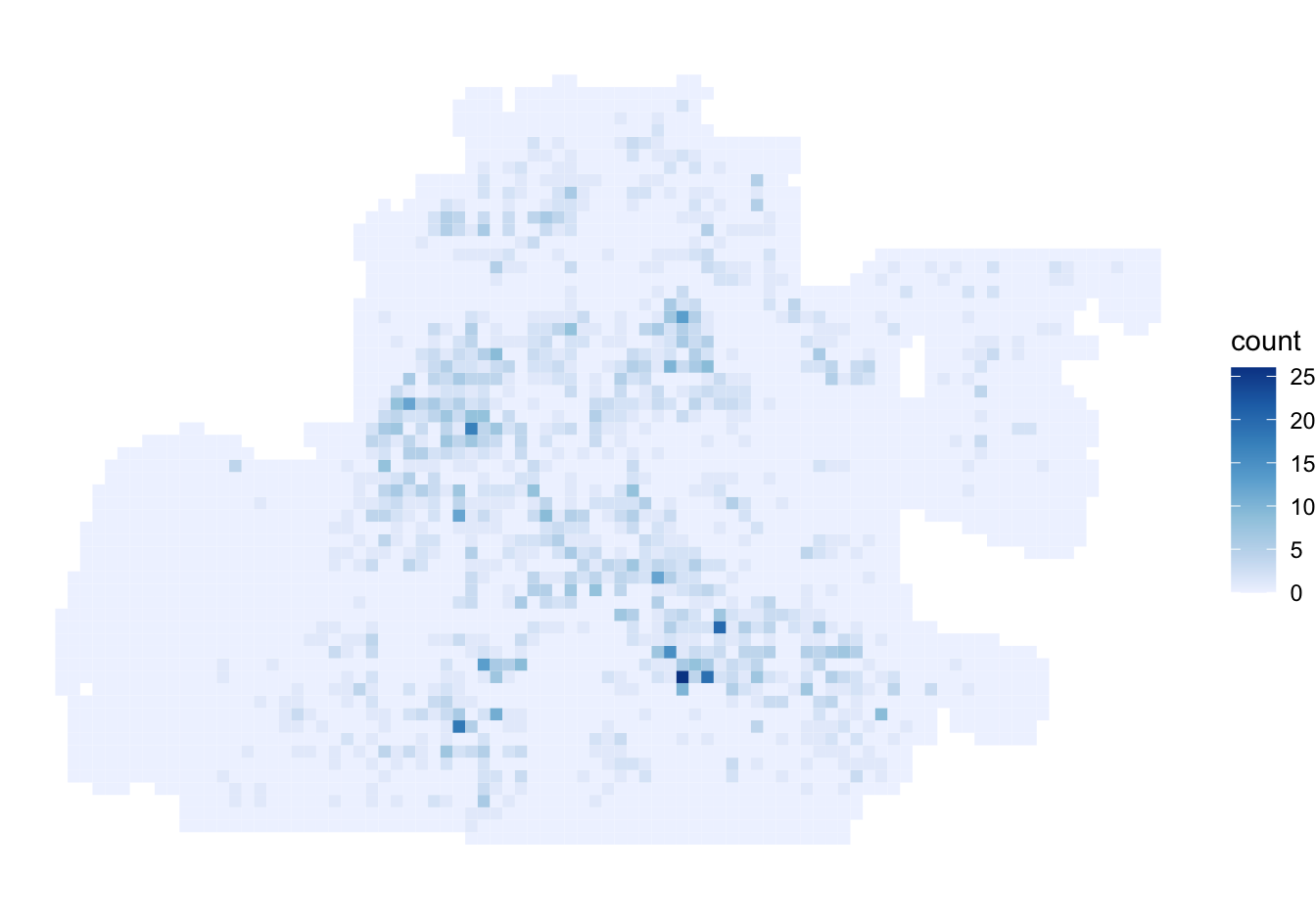 Grid map of Memphis robberies. Darker blue cells contain more robberies.